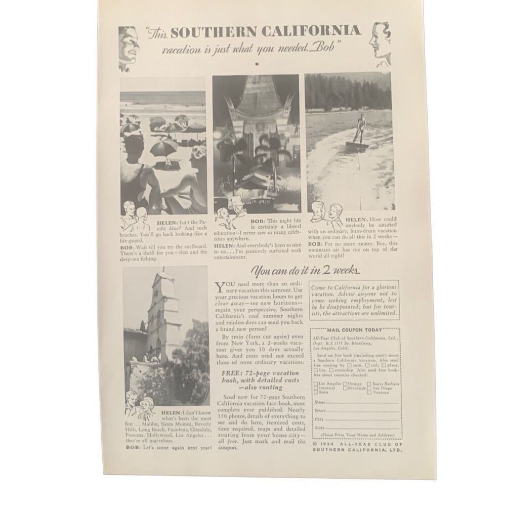 Vintage 1934 Southern California Vacation is What You Need Ad Advertisement